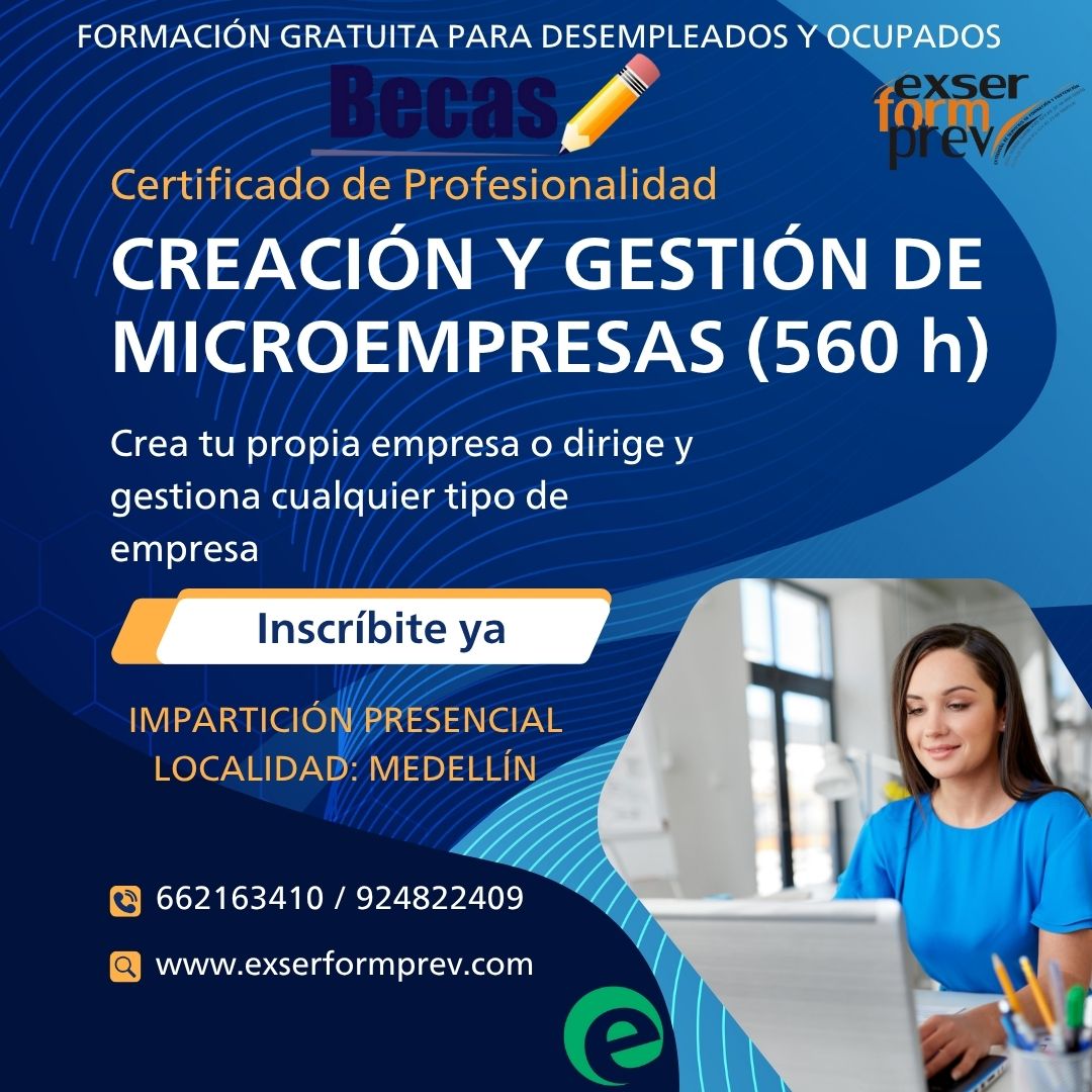 🚀 Certificado de Profesionalidad: Creación y Gestión de Microempresas
🏫 Academia EXSERFORMPREV
📍 Lugar de impartición: Medellín – Badajoz

💡 Aprende a planificar, gestionar y poner en marcha tu propio negocio. Desarrolla tus habilidades empresariales y conviértete en tu propio jefe.

✅ Formación 100% becada
✅ Modalidad presencial
✅ Curso totalmente gratis

📢 ¡Plazas limitadas, inscríbete ya!
📞 662 163 410
📧 exsertec@gmail.com