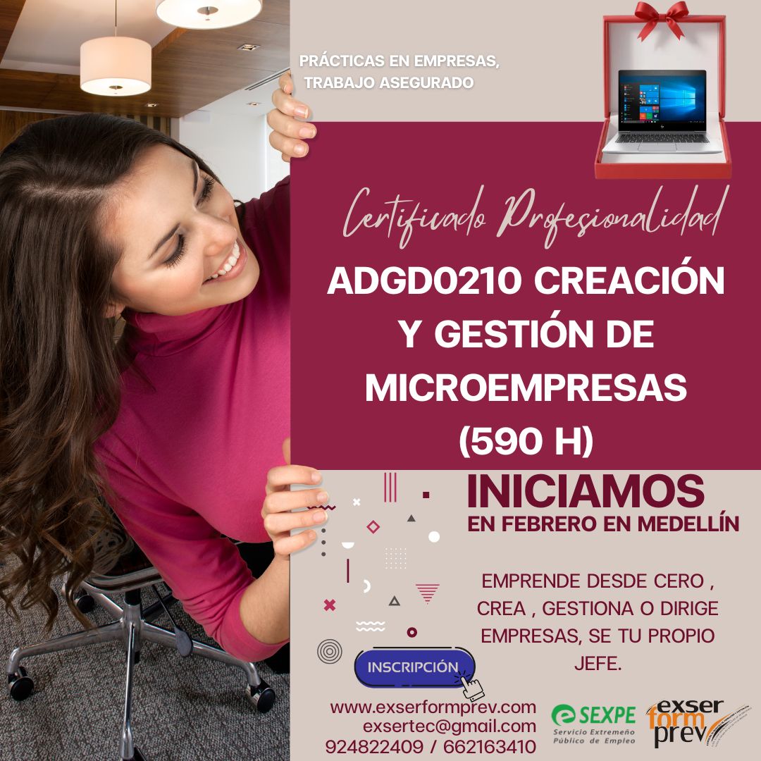 🚀 Impulsa tu futuro con el Certificado de Profesionalidad Nivel 3 en Creación y Gestión de Microempresas. Formación presencial con inicio inminente en Medellín (Badajoz) y últimas plazas disponibles. 🎓📍

📚 560 horas presenciales para aprender a crear y gestionar tu propio negocio, con contenidos prácticos orientados al empleo y acompañamiento profesional durante todo el curso. 💼🧠

✅ Curso 100 % gratuito y becado para personas desempleadas, con beca de desplazamiento y acceso a más ayudas disponibles. Además, regalamos material didáctico: portátil o tablet a elegir. 🎯📑

🟢 Reserva tu plaza ahora y solicita información en menos de 1 minuto. Quedan pocas plazas y el inicio es inminente. ¡Aprovecha esta oportunidad! 🚀📩
📞 662 163 410
📧 exsertec@gmail.com

Más info: https://f.mtr.cool/elxqiwpwrx