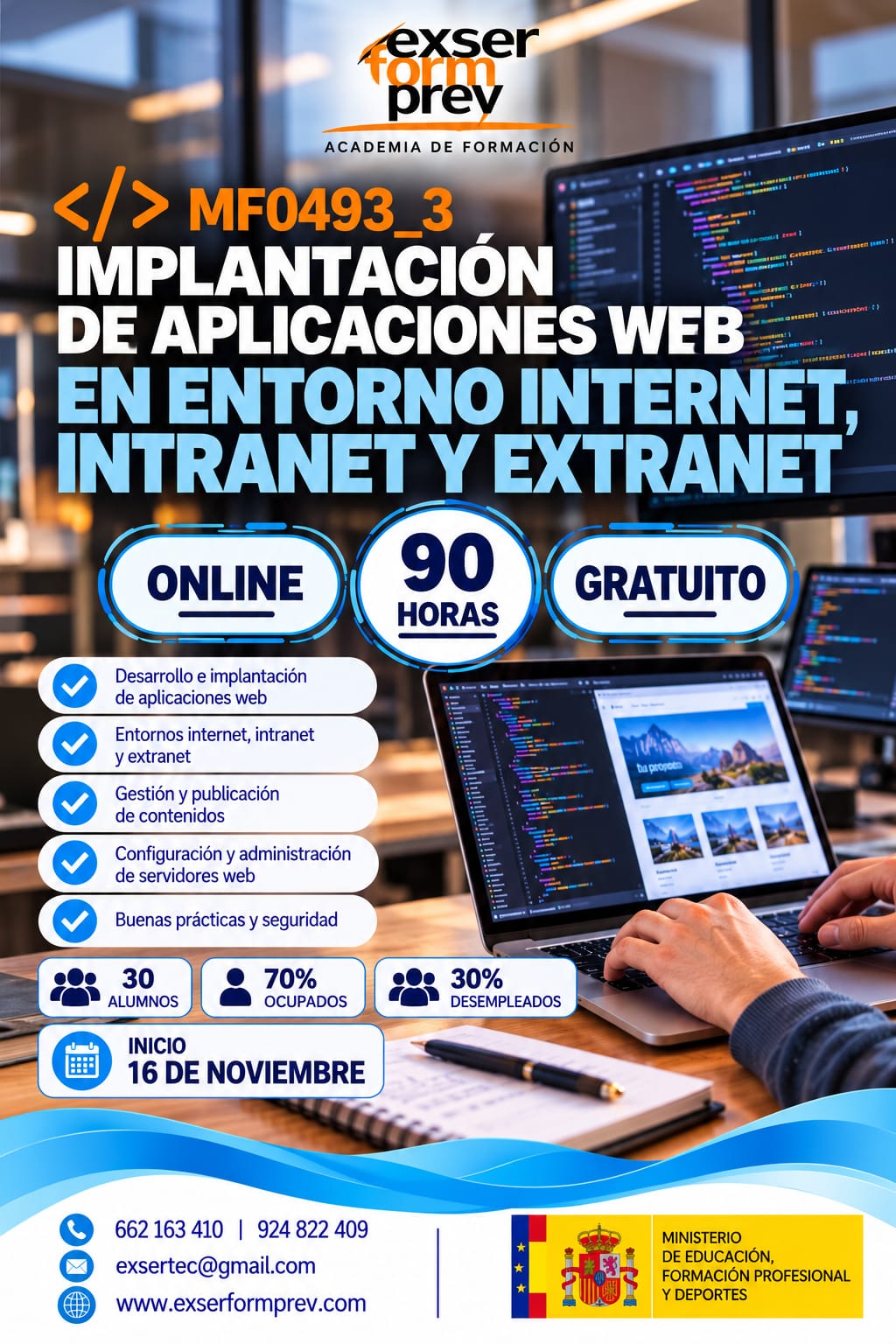Cartel del curso MF0493_3 · Implantación de aplicaciones web en entorno Internet, Intranet y Extranet, 90 horas, Aula virtual